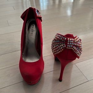 Red Crystal Bow Platform Pumps Size 8.5